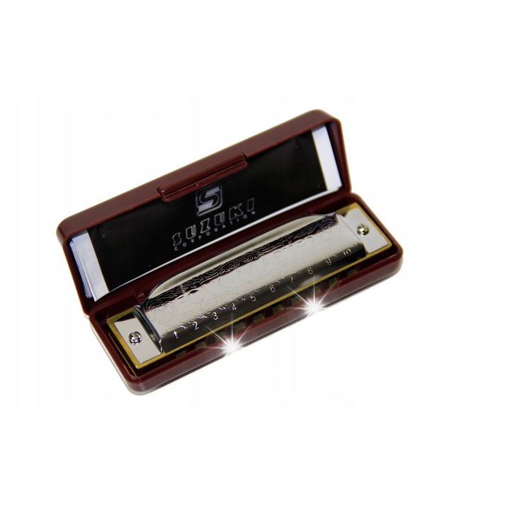 Suzuki Folk Master szájharmonika, 10 csatornás, 20 hangú, ezüst, 100x27x18mm, tokkal együtt
