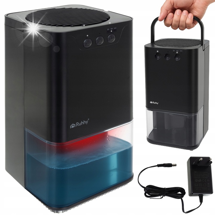 RUHHY kompakt párátlanító, 1400 ml, 380 ml/nap, fekete, időzítővel 8/12/16h és LED világítással