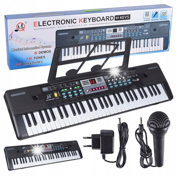 Játék hangszerkészlet, MQ, 61 billentyűs billentyűzet, mikrofon, állvány, USB port, MP3