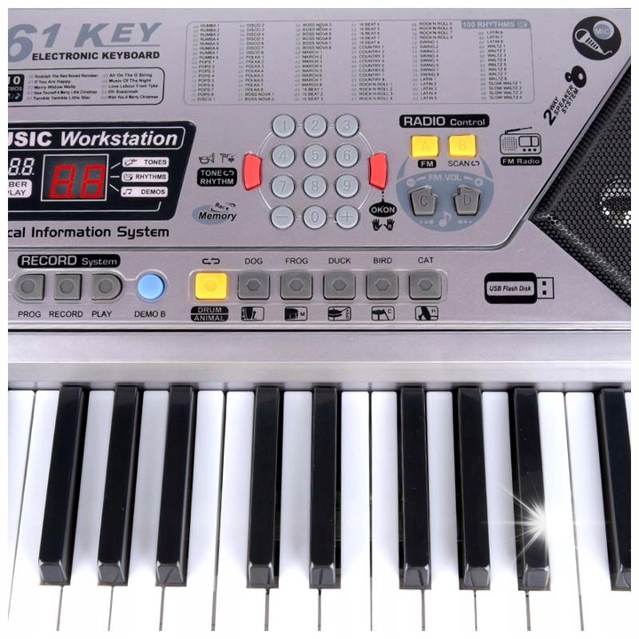 MQ gyerek zongora, 61 billentyűs, mikrofonnal, 80x30x9,5cm, ezüst színű, teljes szett