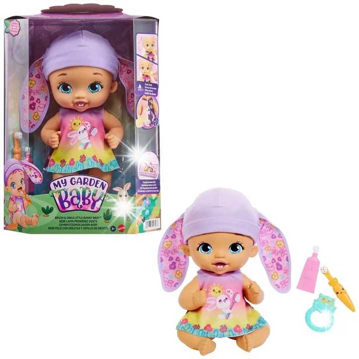 Lala My Garden Baby, nyuszi baba, 30 cm, fogkefe és fogkrém szettel, lila