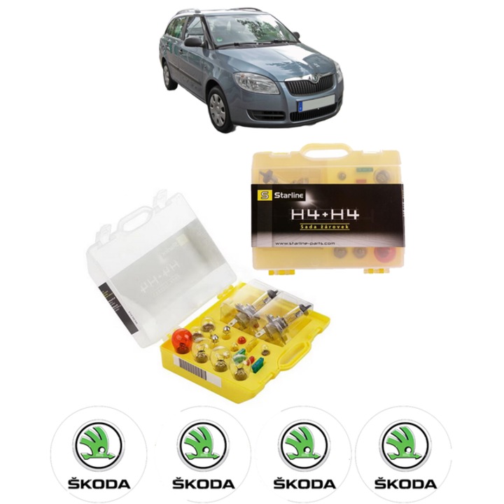 Kit trusa Set becuri H4 compatibila cu SKODA FABIA II Combi (545) din 2007-2014, bec far, semnalizare, pozitie, iluminare numar, frana, plafoniera, stop frana