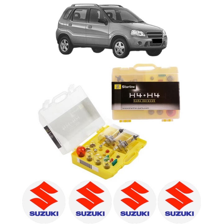 Kit trusa Set becuri H4 compatibila cu SUZUKI IGNIS I (FH) din 2000-2005, bec far, semnalizare, pozitie, iluminare numar, frana, plafoniera, stop frana