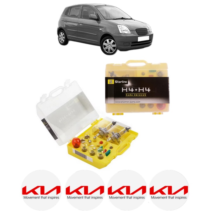 Kit trusa Set becuri H4 compatibila cu KIA PICANTO I (SA) din 2004-2011, bec far, semnalizare, pozitie, iluminare numar, frana, plafoniera, stop frana