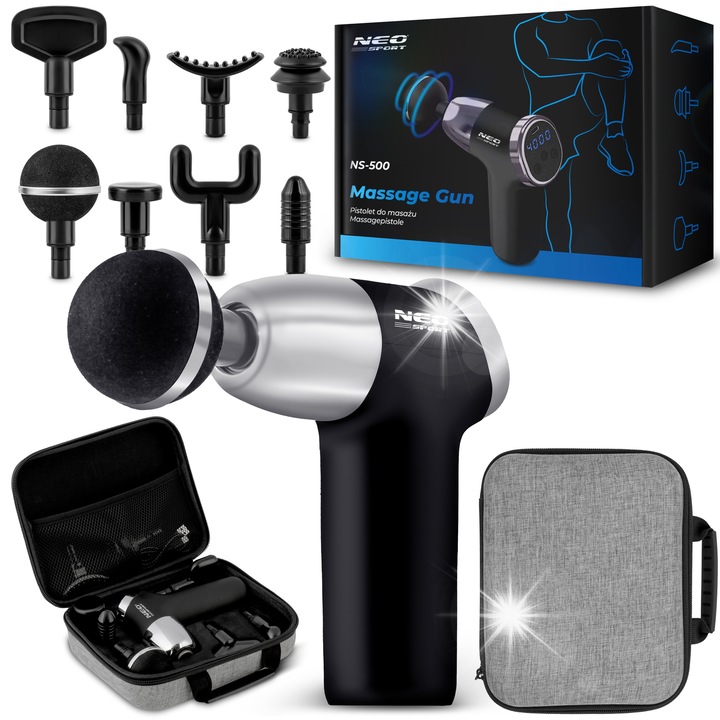 Масажен пистолет с 8 глави, Neo-Sport, черен, 3200 RPM, 2000 mAh