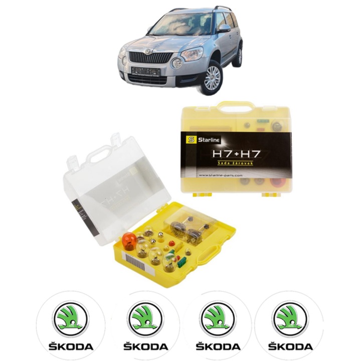 Kit trusa Set becuri H7 compatibila cu SKODA YETI (5L) din 2009-2017, bec far, semnalizare, pozitie, iluminare numar, frana, plafoniera, stop frana