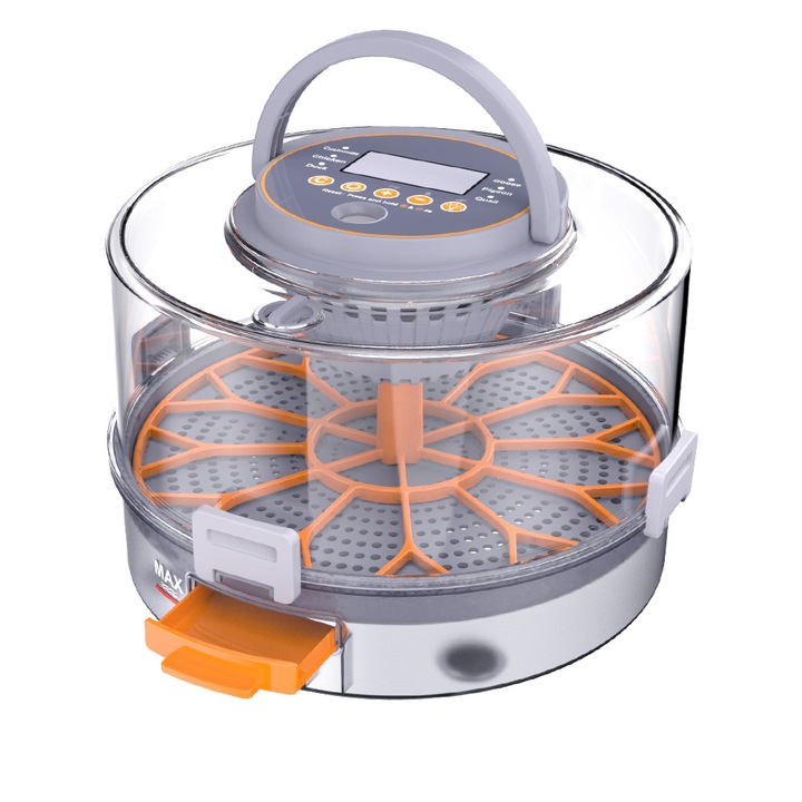 Компактен инкубатор Aiorber с капацитет 12 яйца, оборудван с функция за автоматично въртене на яйцата, регулируем контрол на температурата, цифров дисплей, автоматично овлажняване/охлаждане и вграден резервоар за вода