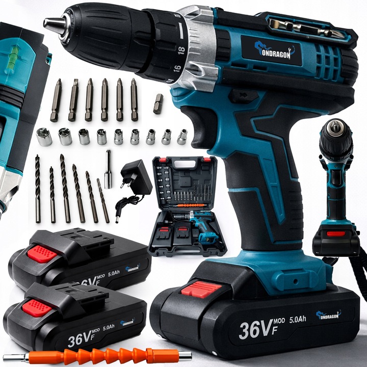Акумулаторна бормашина 36V Ondragon, 2x Li-Ion 5.0Ah батерии, куфар за съхранение, LED