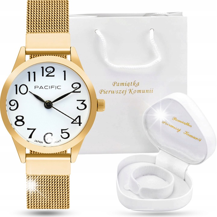 Детски часовник Pacific X6131, златна метална верижка, японски механизъм, подаръчен комплект