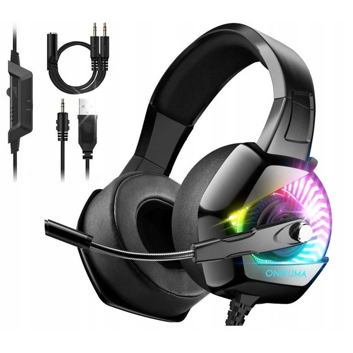 Onikuma K6 gamer fejhallgató mikrofonnal, LED világítással, 50mm, 2.2m, kábellel.