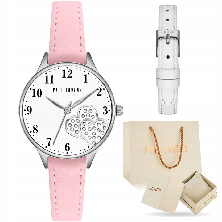 Детски часовник Paul Lorens, 2 кожени каишки, сребрист и розов, 30мм, комплект с кутия и подаръчна торбичка