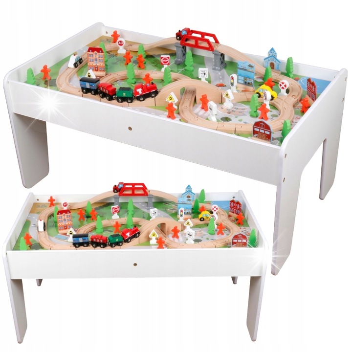 Комплект играчки влакчета, Minexo, 90 елемента, дървен град, включена маса