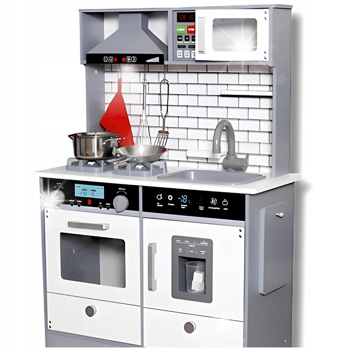 Gyermek konyha, Minexo, nagy, szürke, kiegészítőkkel és fényhatásokkal, 30x65x95cm