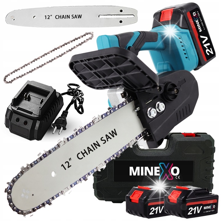 Minexo elektromos láncfűrész, 1800W, 12 hüvelyk, 2 akkumulátor