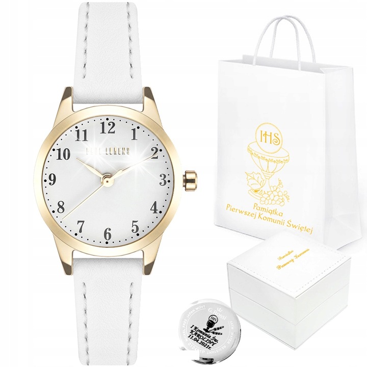 Детски часовник Paul Lorens, комплект за първо причастие, японски механизъм, бял, 26x33x7mm