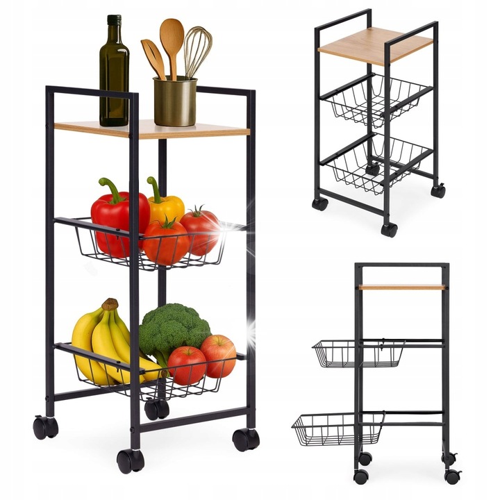 Mobil polc 2 kosárral és rendszerező polccal, ModernHome, 28,5x30x71cm, fém, MDF, nedvességálló