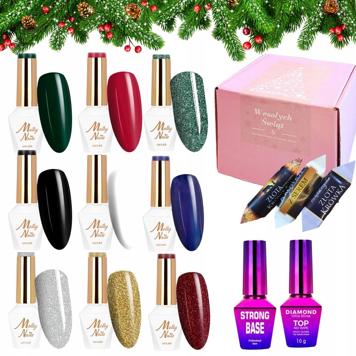 Set MOLLY NAILS 9 lacuri hibride cu baza si top, culori festive, 8g fiecare