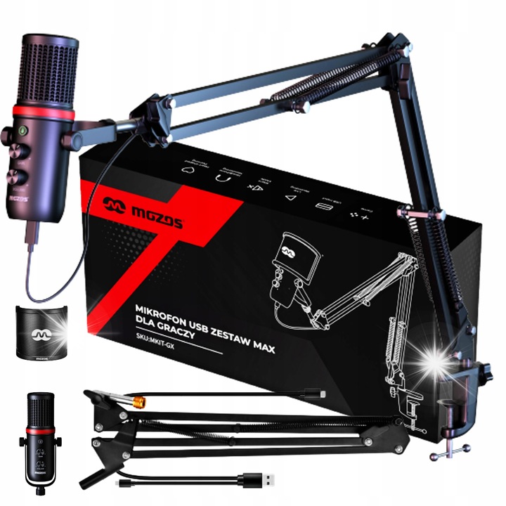 Mozos MKIT-GX USB-C mikrofon készlet, állvánnyal, pop filterrel, kábellel, valós idejű hangmonitorozással, 14mm, fekete