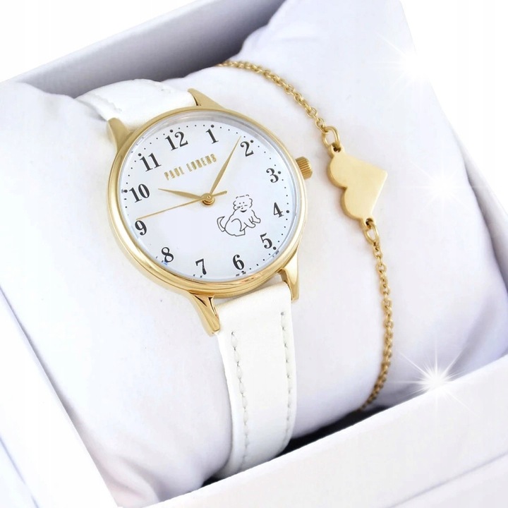 Детски часовник Paul Lorens, комплект с гривна, японски механизъм, бял, 37x30 мм