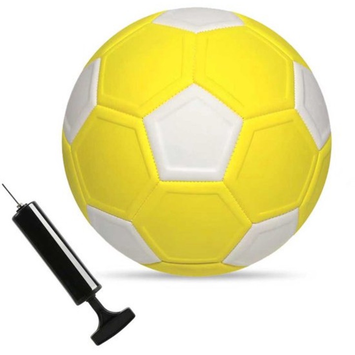 Minge fotbal curbat, dimensiune 5, design colorat, cu pompa, pentru activitati in aer liber