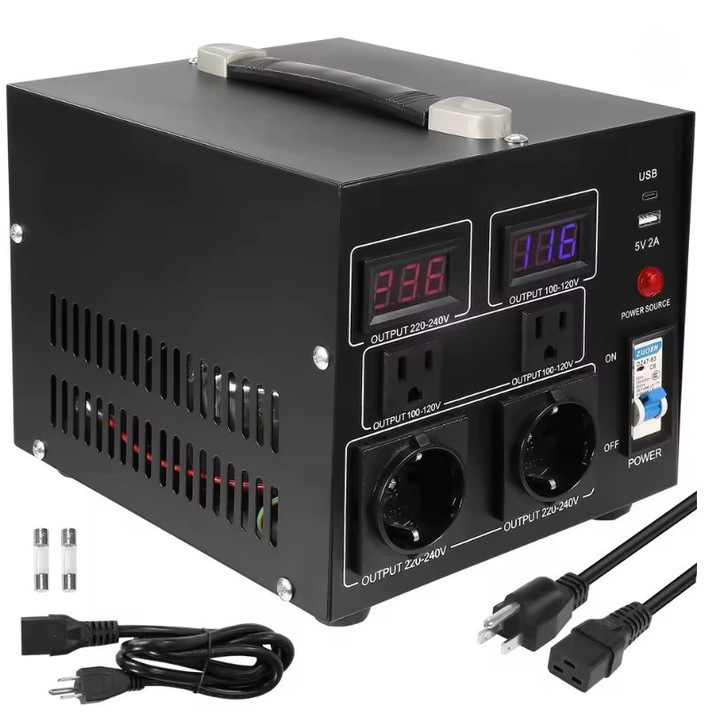 Stabilizator tensiune, 5000VA 110V ↔ 220V Step Up / Step Down, convertor tensiune cu afisaj LED, USB si Type-C