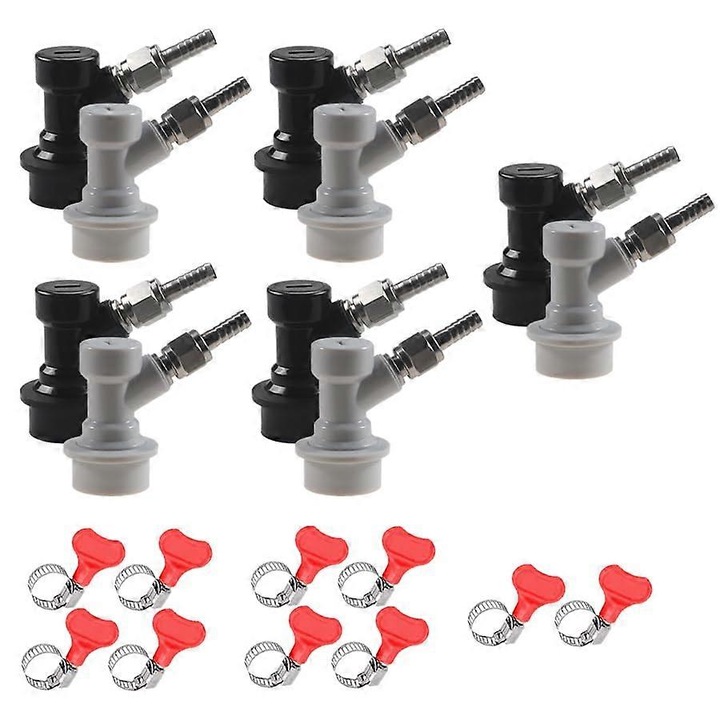 Teljes Ball Lock gyorscsatlakozó készlet Cornelius hordókhoz, 5 szürke gáz csatlakozó, 5 fekete folyadék csatlakozó, rozsdamentes acél bilincsek