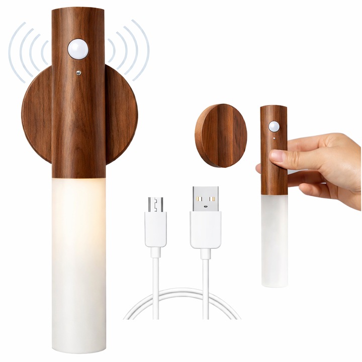 Aplica LED cu Senzor de Miscare, Reincarcabila USB, Aspect Lemn de Nuc, 3 Tipuri de Lumina (Calda/Neutra/Rece), 4m Detectare, 120°, Adeziv 3M, Montaj Magnetic, pentru Hol, Dormitor, Dressing