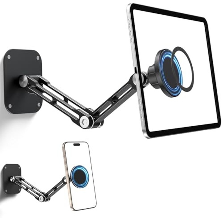 Suport Magnetic de Perete pentru iPad si Tablete, WALALLA, Brat Dublu din Aluminiu, Reglabil 360°, Pliabil, Compatibil cu Dispozitive 4.7-13 Inci, Magneti N52, Montare pe Perete, Ideal pentru Bucatarie, Birou, Sala, Argintiu/negru