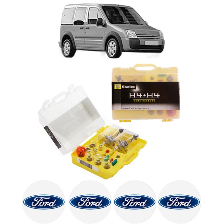Kit trusa Set becuri H4 compatibila cu FORD TOURNEO CONNECT din 2002-2013, bec far, semnalizare, pozitie, iluminare numar, frana, plafoniera, stop frana