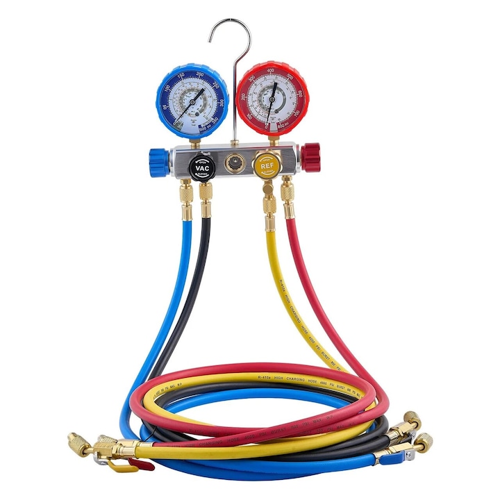 Set manometre pentru incarcare/descarcare Freon, 4 cai, 55 Bar, R22 R404A R410A R12, furtun 1.5 m