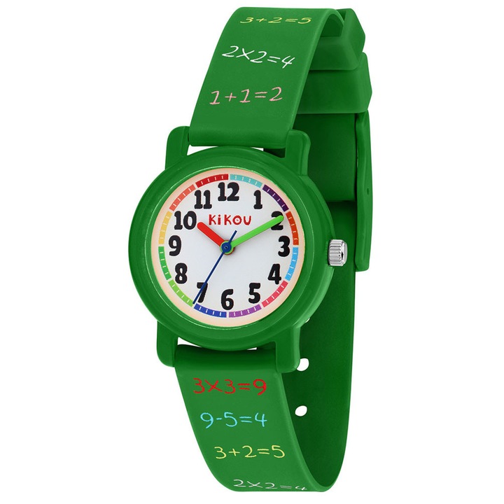 Ceas copii KIKOU, cu curea din cauciuc verde, alb, 30x30cm