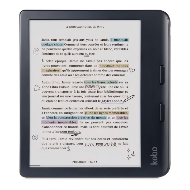 EBook olvasó Kobo Libra Colour, Ink Kaleido 7 hüvelykes színes kijelző, tükröződésmentes, sötét mód, hangoskönyvek, vízálló, fekete
