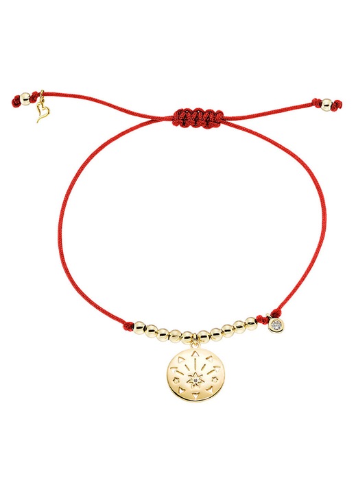 Aranyozott sárgaréz karkötő, piros zsinórral és krémszínű mintával, LOISIR Jewels