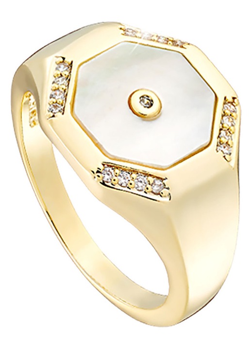 Inel dama, LOISIR, alama placata cu aur cu smalto alb, cu pietre Zirnkon