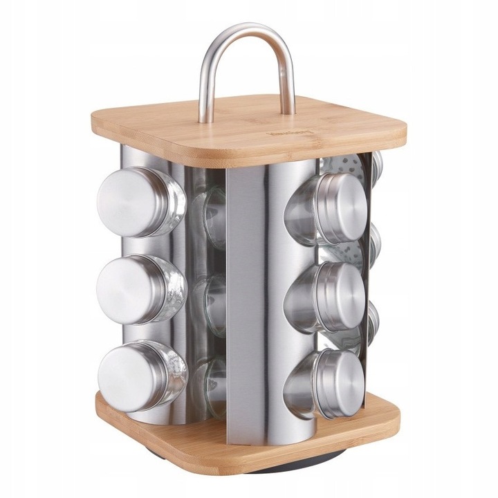 Set 12 recipiente sticla cu suport rotativ KLAUSBERG, inox satinat, bambus, 43x100mm, 170x200mm