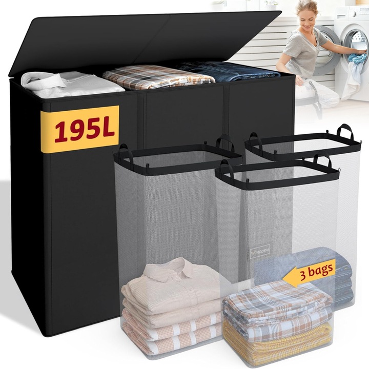 Cos de Rufe cu 3 Compartimente, Bedee, 195L, cu Capac si Sac de Haine Murdare Detasabil, Recipient Sortare Dreptunghiular pentru Haine Murdare, Jucarii, Diverse Obiecte, Pliabil, Ideal pentru Casa, Baie, Living, Hol, Camera Copiilor sau Hotel, Negru