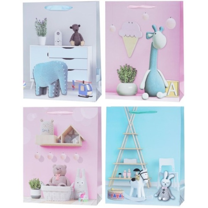 Set 12, Pungi cadou, pentru copii, A4, 26x10x32 cm, cu model, 210 g/m², manere panglica, fund bloc