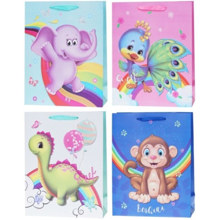 Set 12, Punga cadou NEOPAK, pentru copii, cu imprimeu curcubeu, A4, 260x100x320 mm, 210 g/m², cu baza intarita, cu maner panglica