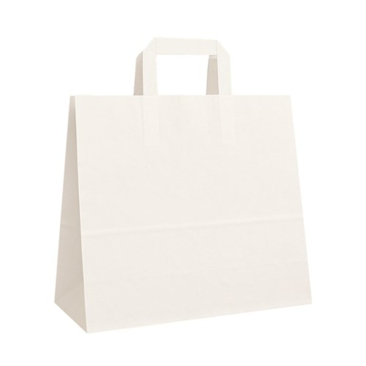 Punga de hartie NEOPAK, pentru alimente, cu baza dreptunghiulara, 320x220x250mm, Alb, cu maner plat