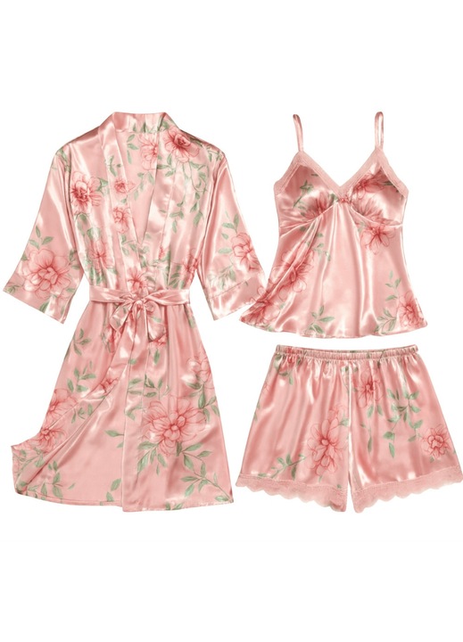 Set Pijama Dama 3 Piese, SNM, Satin Elegant cu Halat și Pantaloni Scurți, Decorat cu Dantela, Floral, Roz, M-XL