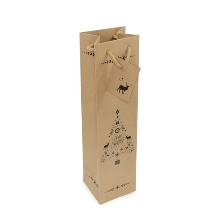 Punga de hartie NEOPAK, Premium, pentru 1 sticla de vin, de Craciun, 325x89x89 mm, Maro, din hartie kraft, cu snur textil, cu model brad de Craciun