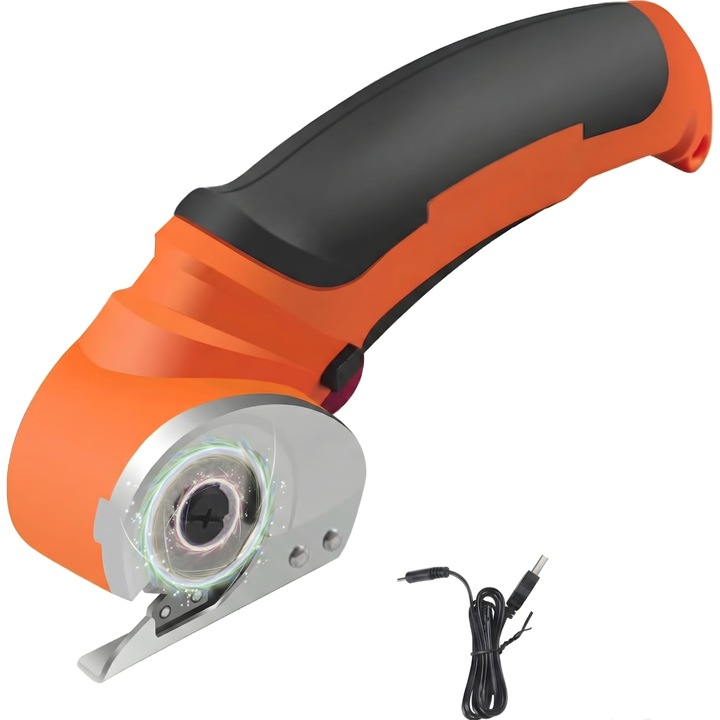 Cutter Electric Rotativ Vigaldo™, Fara Fir, pentru Taiat Carton, Piele, Mocheta, Tapet, Textile, Panza, Plastic, Acumulator Reincarabil 2000mAh, Portocaliu