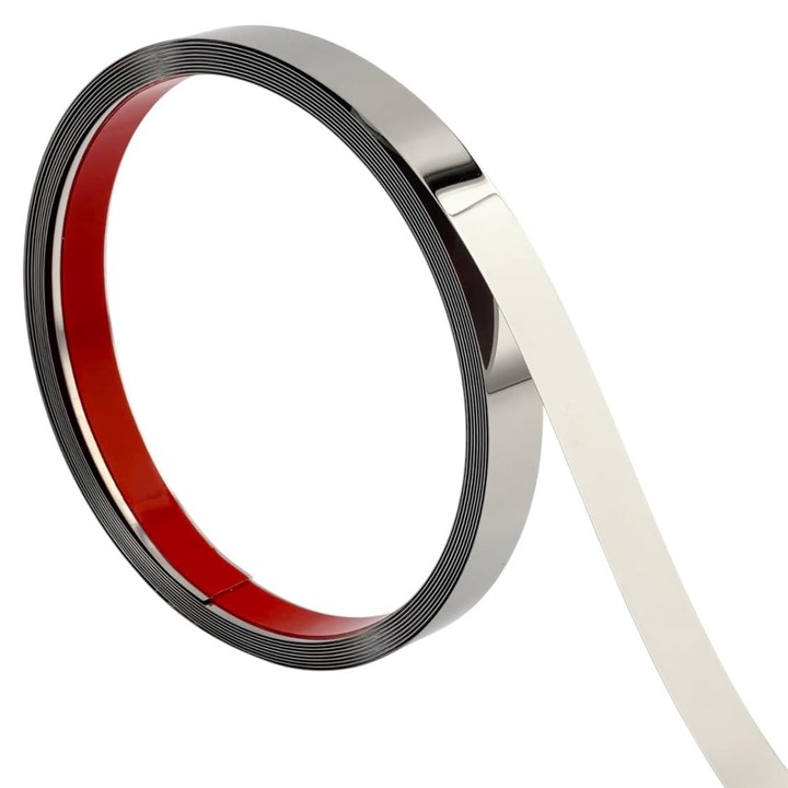 Banda decorativa autoadeziva ENZORIA Argintiu - Silver, 1 cm x 5 m, Otel inoxidabil nichelat, Efect oglinda 8K, Anticoroziva, pentru perete si mobilier