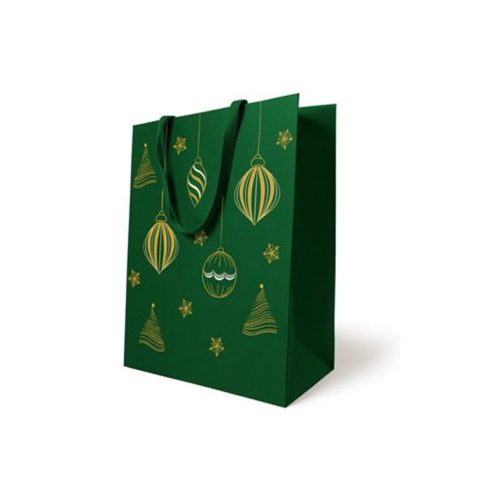 Torba cadou cu motiv de Craciun, 250x130x330mm, verde, din hartie Kraft 180 g/m²