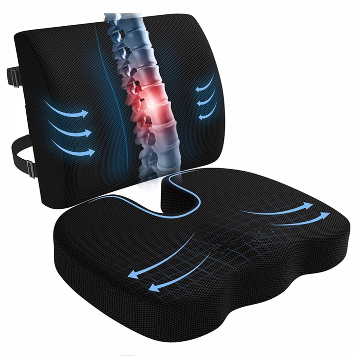Set Perna Lombara si Perna Sezut din Spuma cu Memorie, Premium, Design Ergonomic pentru Spate si Coccis - Suport pentru Postura Corecta - Ideal pentru Birou, Masina, Acasa - Husa Detasabila, Lavabila, Black Mesh
