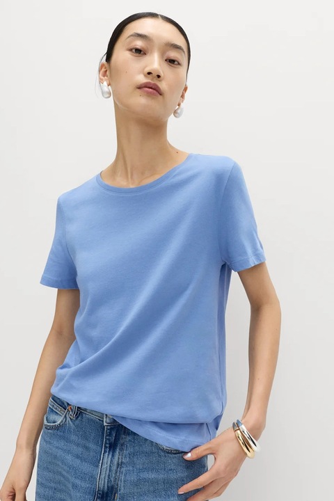 Marks & Spencer, Tricou cu decolteu rotund si model uni, Albastru prafuit