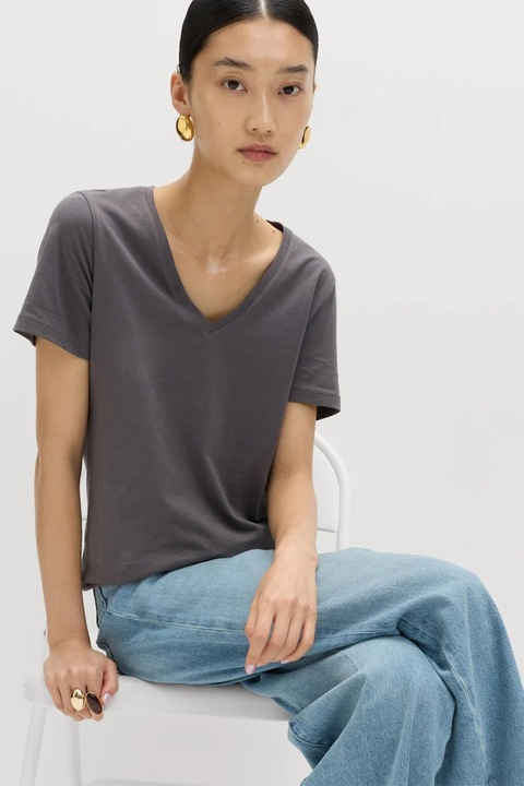 Marks & Spencer, Tricou cu decolteu in V, Gri inchis, 34