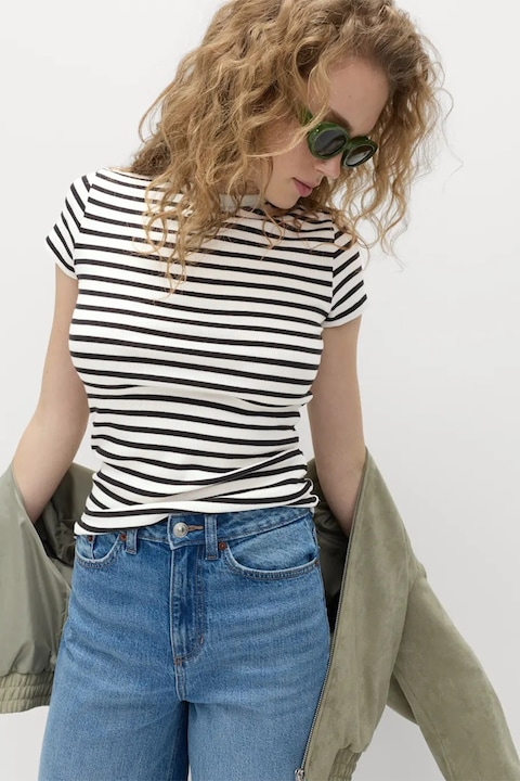 Marks & Spencer, Tricou in dungi cu decolteu la baza gatului, Alb/Negru