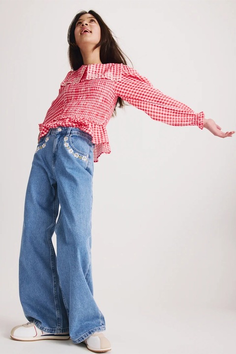 Marks & Spencer, Blugi ampli cu flori brodate, Alb/Albastru, 158-164 CM