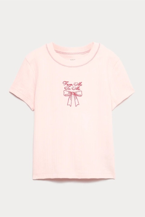 Marks & Spencer, Tricou de bumbac cu funda brodata, Roz aprins/Roz pal